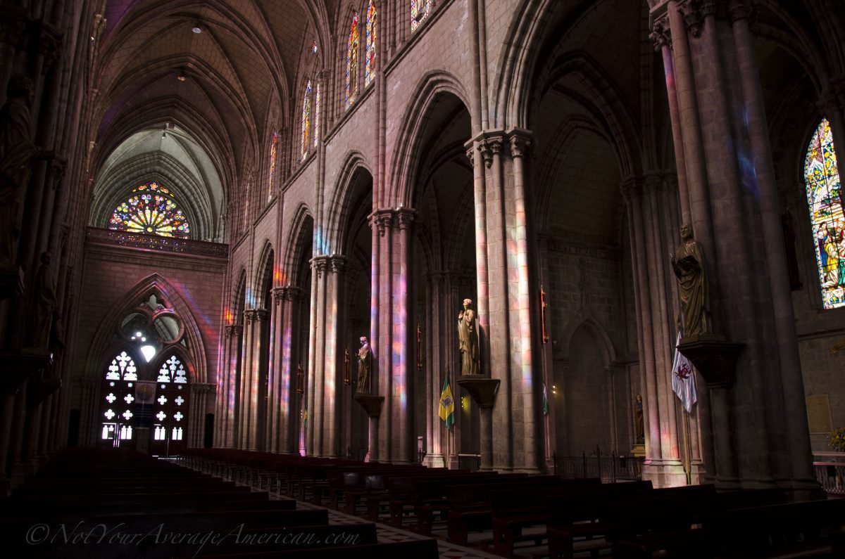 Morning light inside the Quito Basilica | ©Angela Drake