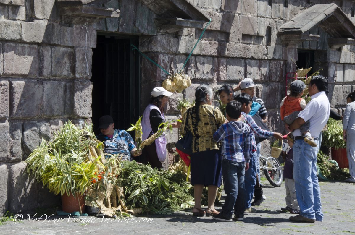 Purchasing bouquets for Palm Sunday, San Francisco Plaza, Quito, Ecuador | ©Angela Drake