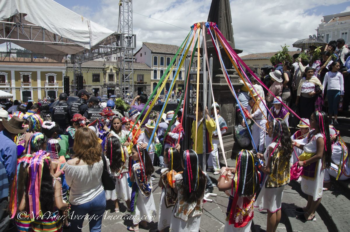 Children preparing to go on stage and dance with ribbons; Quito, Ecuador | ©Angela Drake