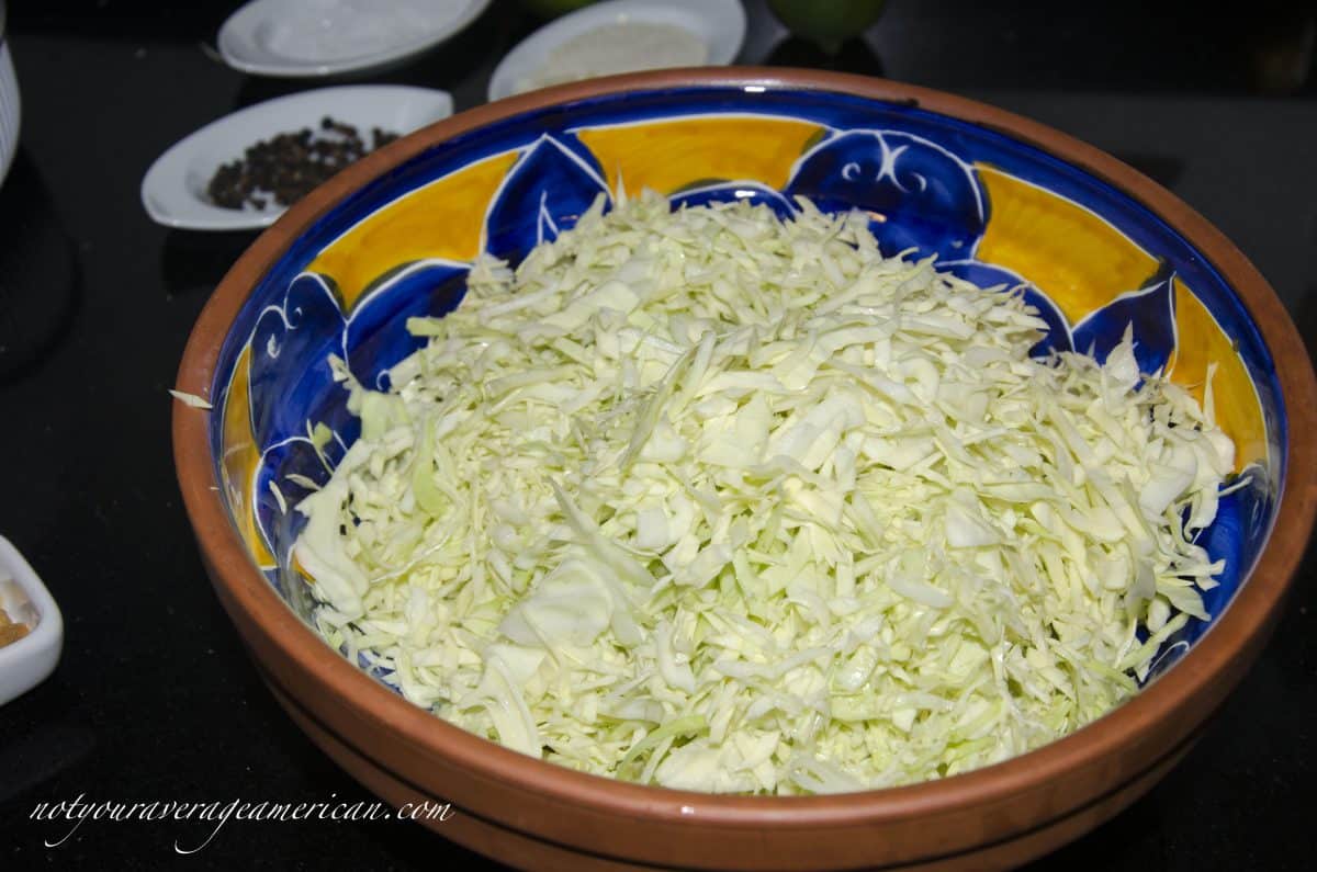 Shredded cabbage - to get it this fine, I put it through the food processor twice.