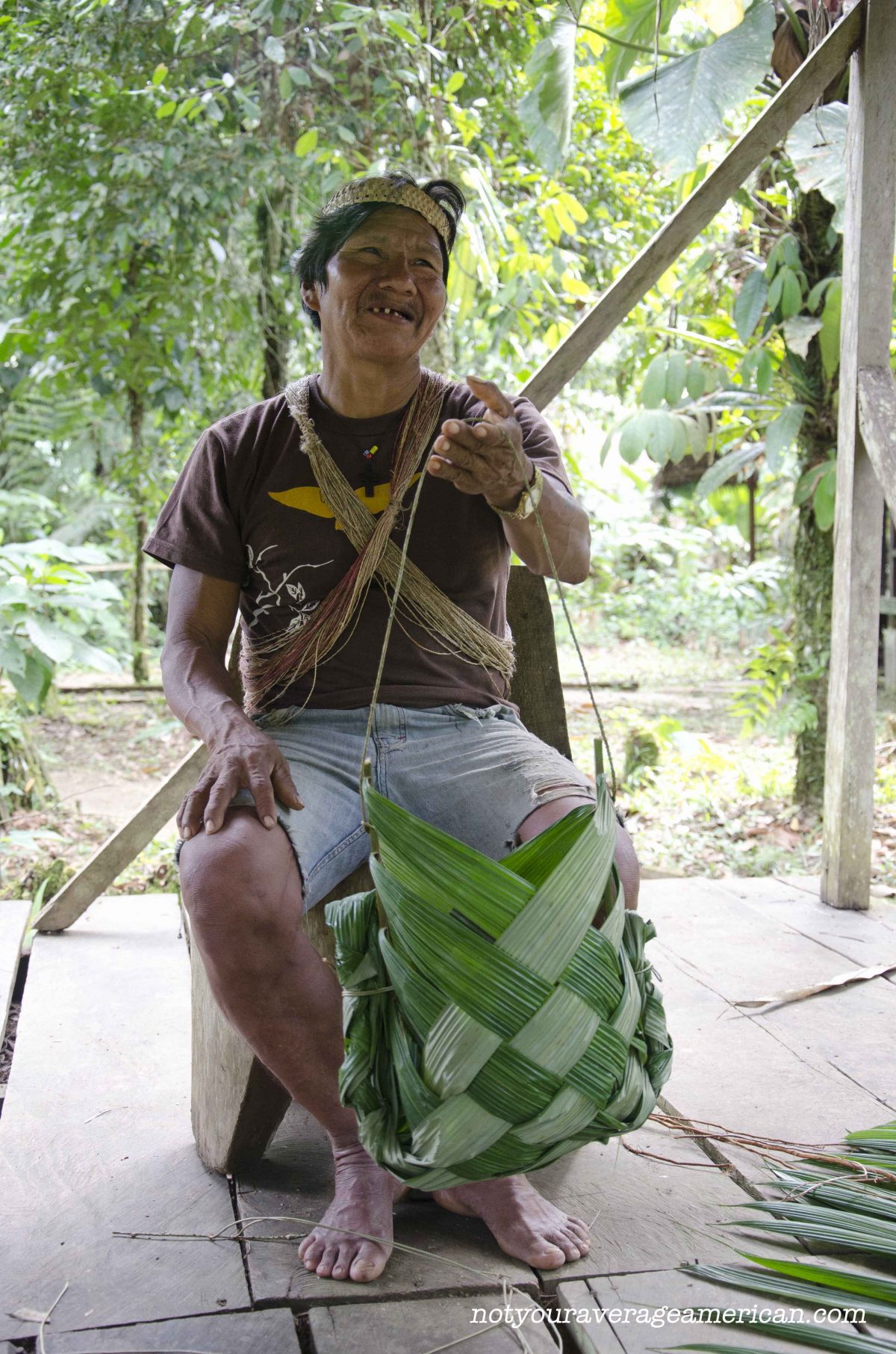 Our Huaorani guide, Bai, taught us how to make a basket that could be used for carrying freshly hunted meat or just harvested plants from the jungle | ©Angela Drake