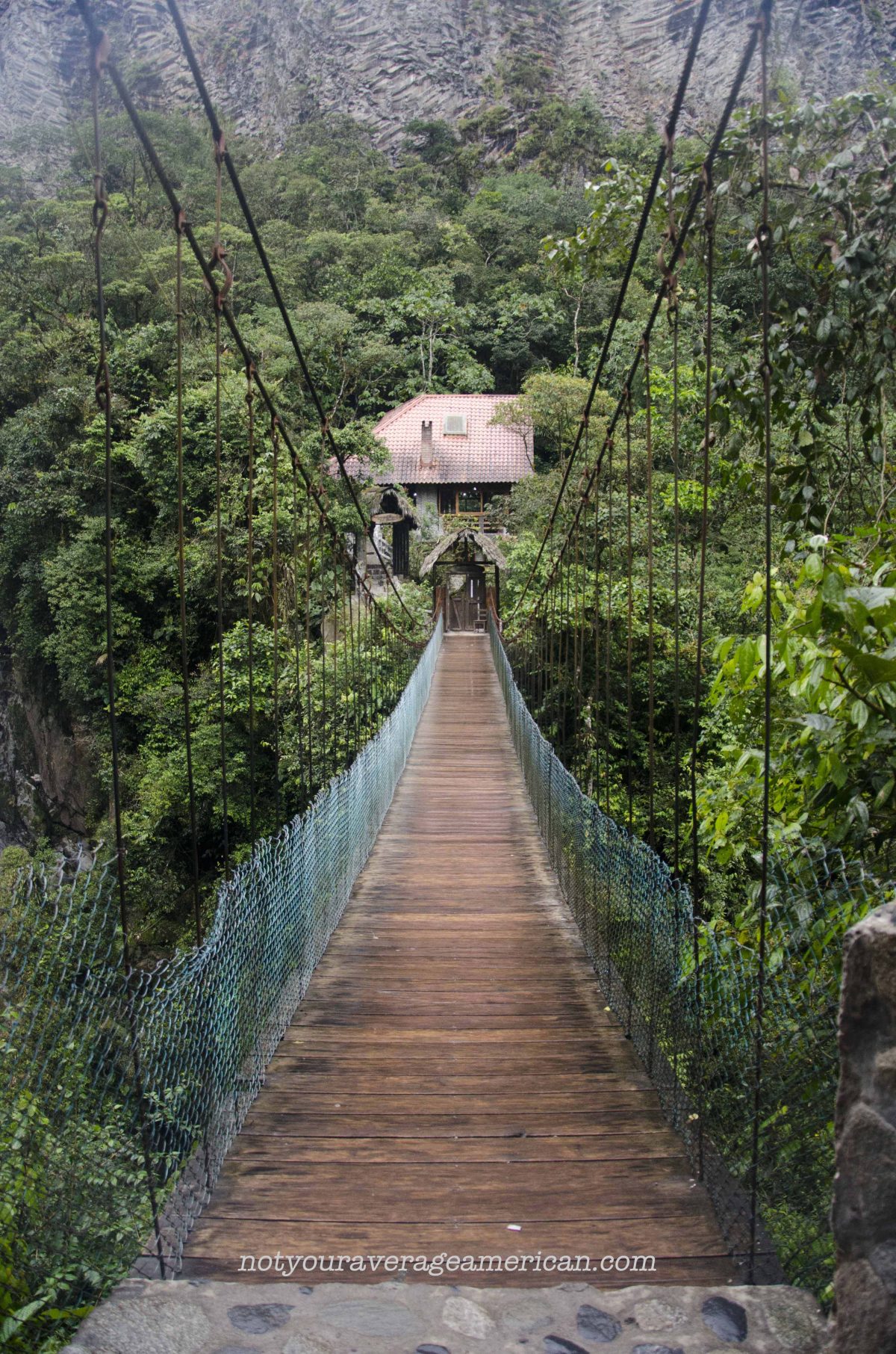 This bridge leads back to the restaurant, The Pailón del Diablo, Baños, Ecuador
