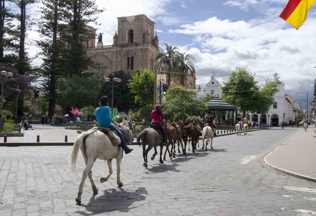 Horses and Riders passing the New Cathedral Plaza; Cuenca, Ecuador