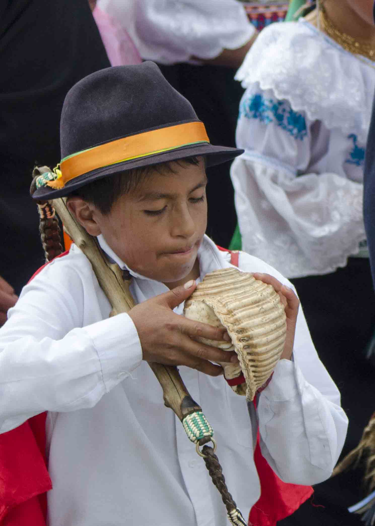 Preparing to Blow the Conch Shell, Inti Raymi, Parade of Schools, Cotachi, Ecuador