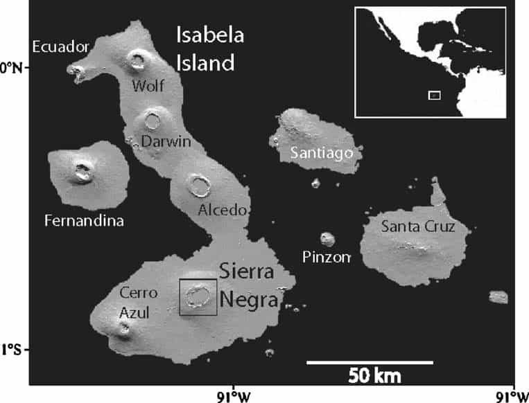 Map highlighting Sierra Negra on Isla Isabela in the Galapagos Archipelago | Instituto Geofíscico de Ecuador | http://www.igepn.edu.ec/