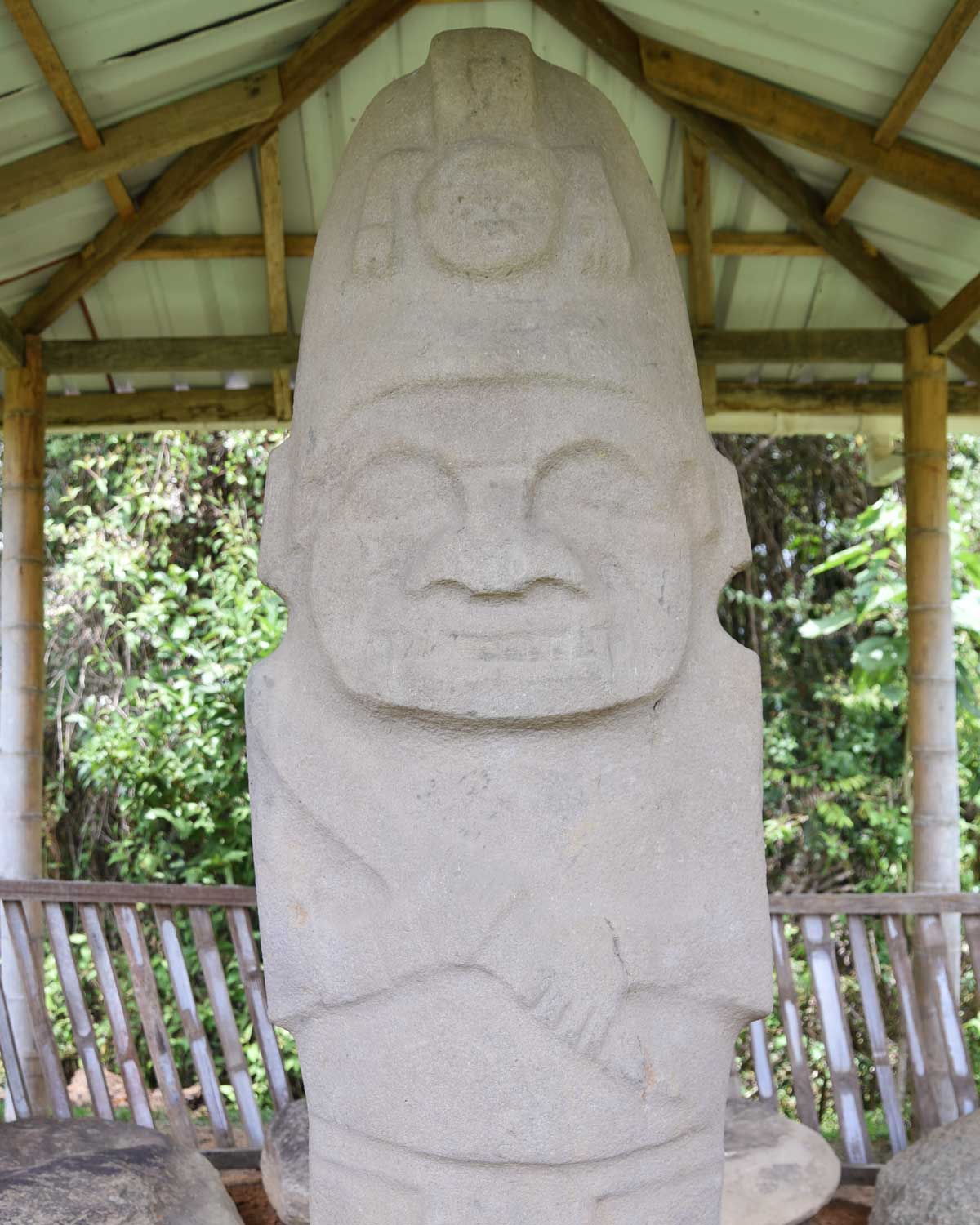 Close-up of Helmeted Statue; Alto de los Piedras, Isnos, Colombia | ©Angela Drake