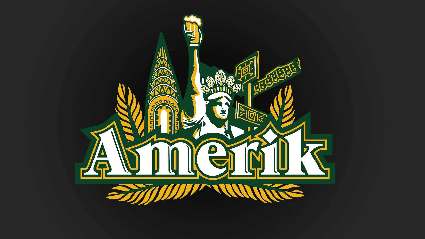 El logotipo de Amerik que presenta la Estatua de la Libertad sosteniendo una cerveza en alto en lugar de una antorcha y usando una corona de lúpulo