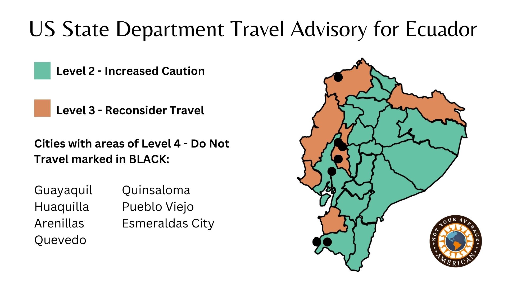 This image helps people visualize the latest Ecuador Travel Advisory from the US State Department