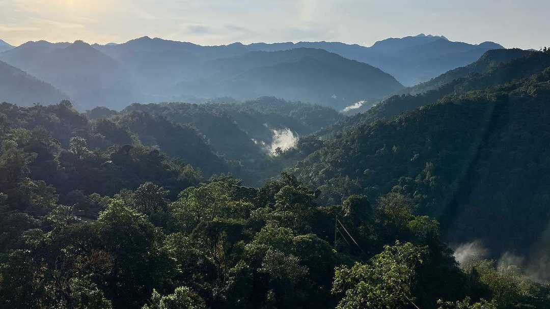 Early morning light hits the cloud forest covered mountains around Mindo
