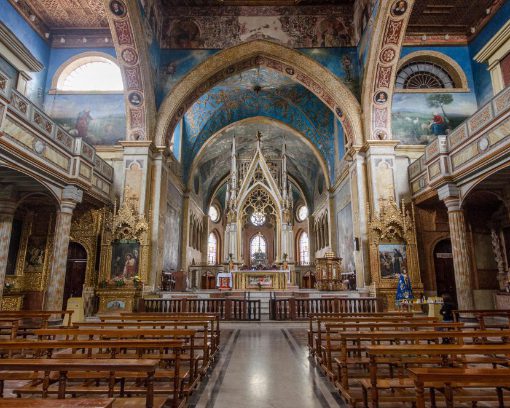 The interior of the Santa Domingo Church in Historic Quito is painted in a stunning sky blue
