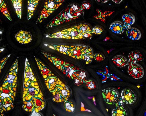 The Rose Window at the Basilica del Voto Nacional includes images of orchids