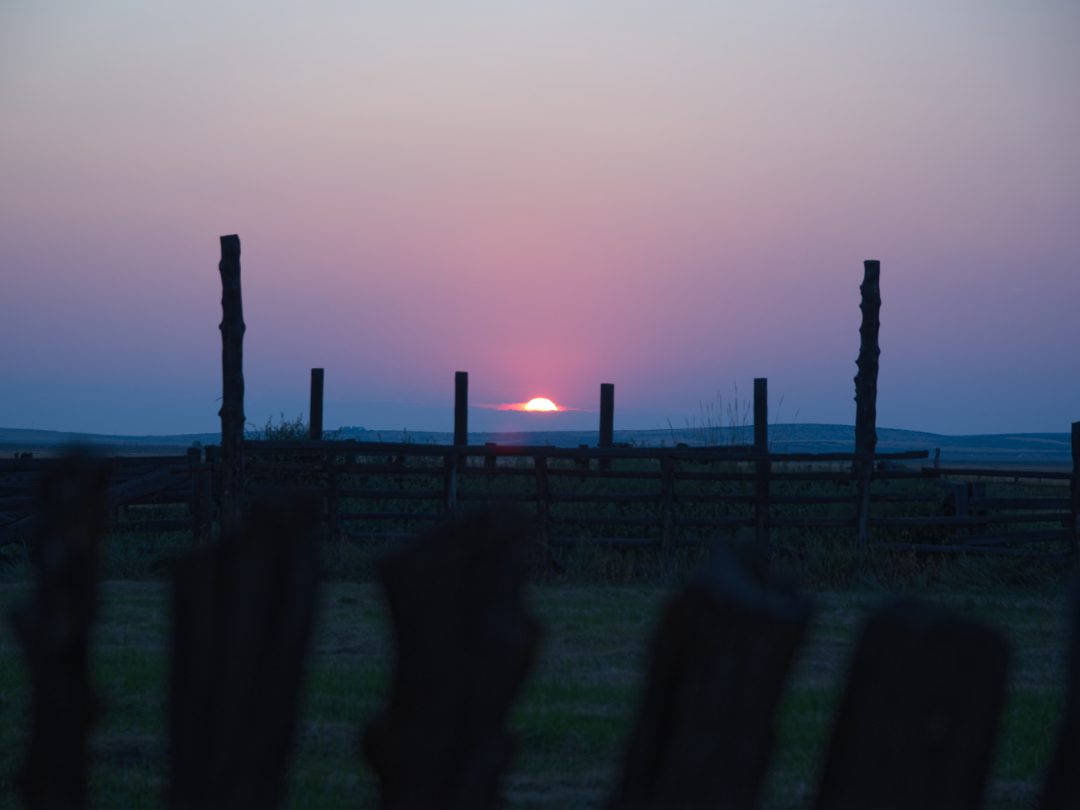 The sun sets in between fence posts as the sky turns deep purple, light lavender, and bright pink