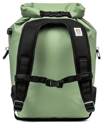 The ICEMULE R-Jaunt recycled material 20L soft-sided backpack cooler in sage green, reverse side showing straps