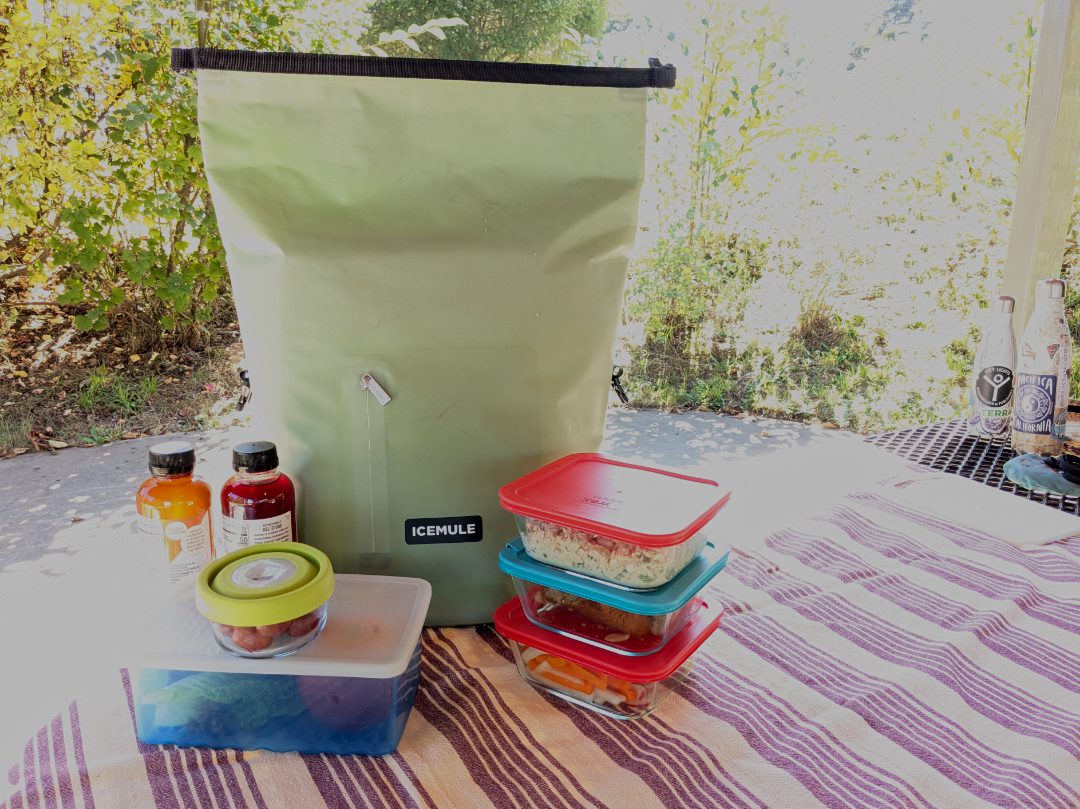 The ICEMULE Backpack Cooler with the items it carried: 2 large glass bottles, a large container of salad greens, a container of hummus, and three glass containers with cut veggies, salmon salad, etc.