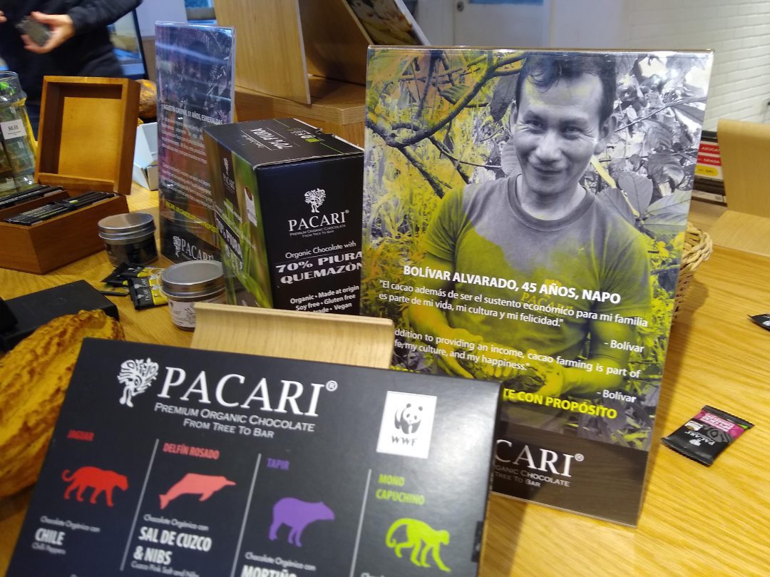 A display in the Paccari Chocolate store in Quito highlights Bolívar Alvarado, a cacao farmer in the Napo Province