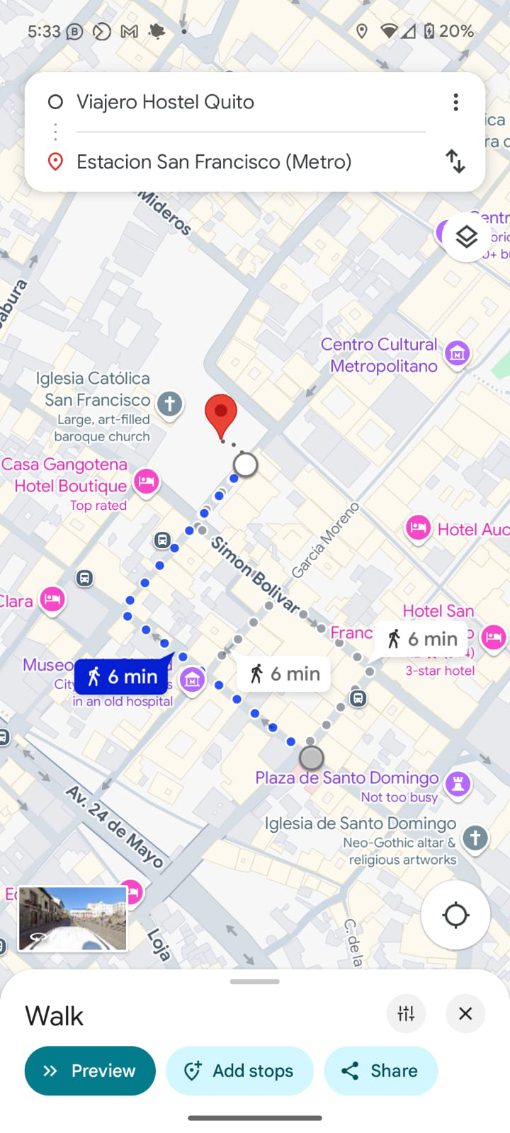 Screen Shot of a Google Map showing walking directions from the Viajero Hostel to the San Francisco Metro Station in Quito, Ecuador