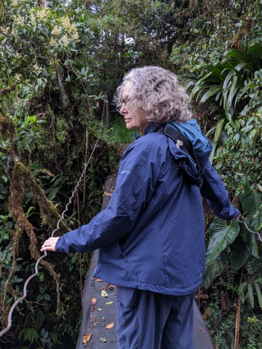 Angie wearing a Craft Sportswear Women's CORE Explore Shell Jacket while birdwatching in the Amazon. Angie wearing a Craft Sportswear Women's CORE Explore Shell Jacket while birdwatching in the Amazon.