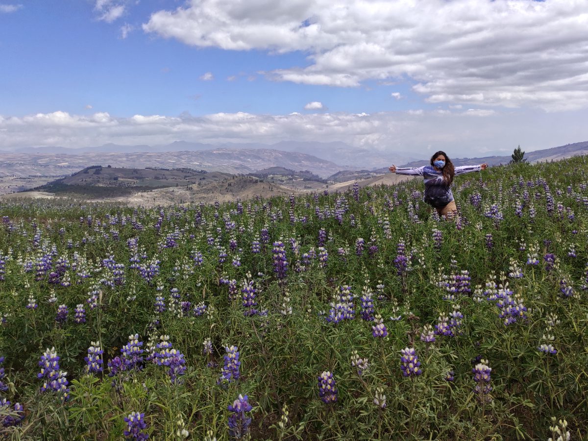 Autora de pie en un campo de lupinos morados y blancos con los Andes al fondo y un cielo nublado impresionante.