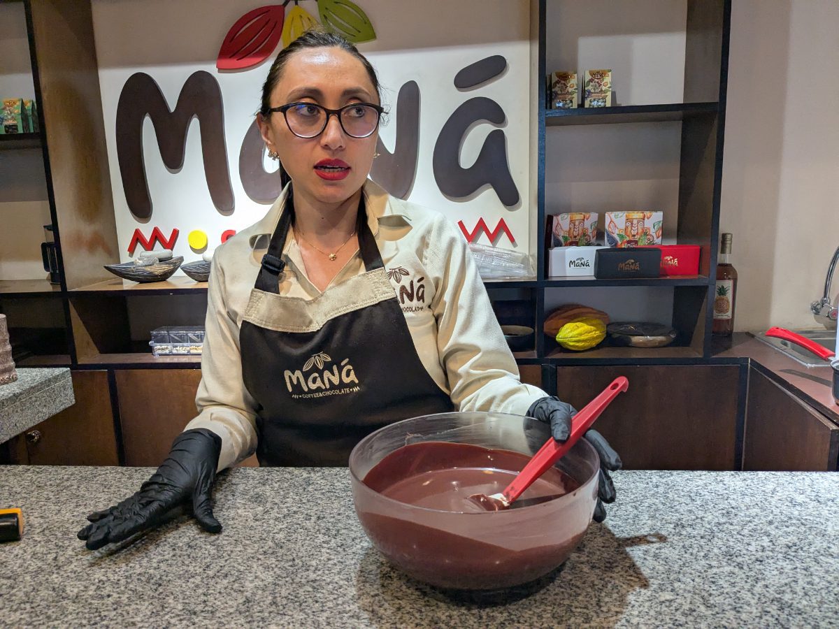 Getting ready to temper chocolate Giannini with a bowl of chocolate waiting to be tempered.