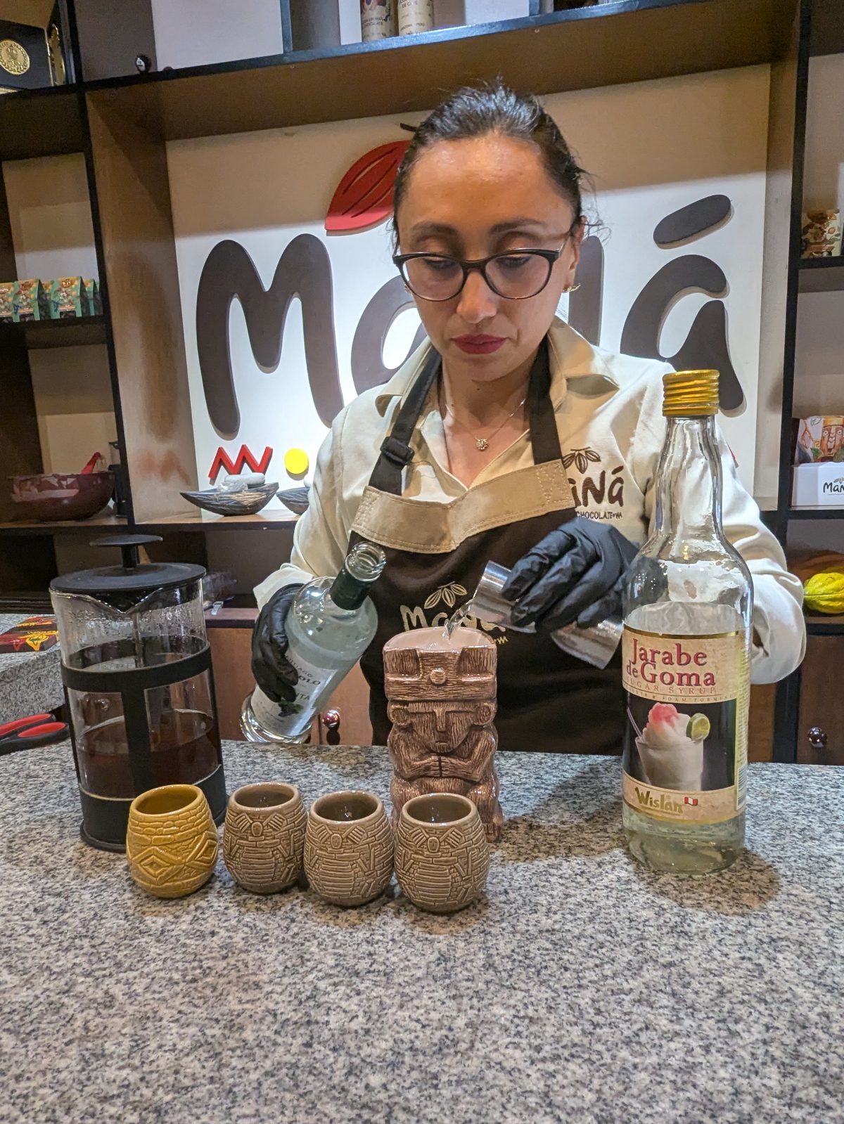 Making chocolate chilcanos Giannini mixes pisco with tea made from cacao bean shells to make a chocolate chilcano.