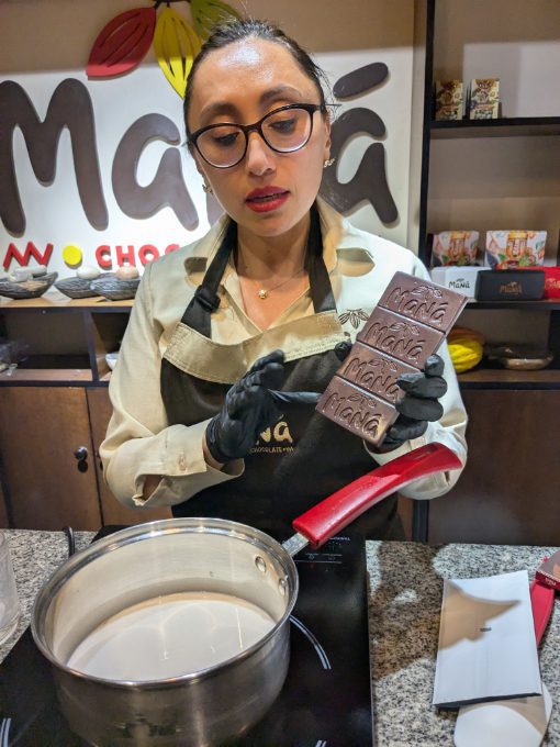 Making hot chocolate Giannini explains the process of making hot chocolate in the Spanish-style using a Maná chocolate bar.