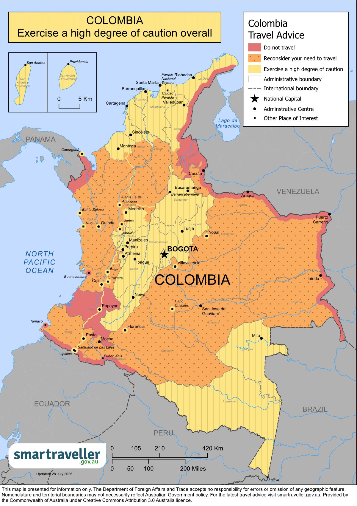 Travel advisory map of Colombia showing zones of ‘Do not travel’, ‘Reconsider your need to travel’, and ‘Exercise a high degree of caution’ (updated 28 July 2025)