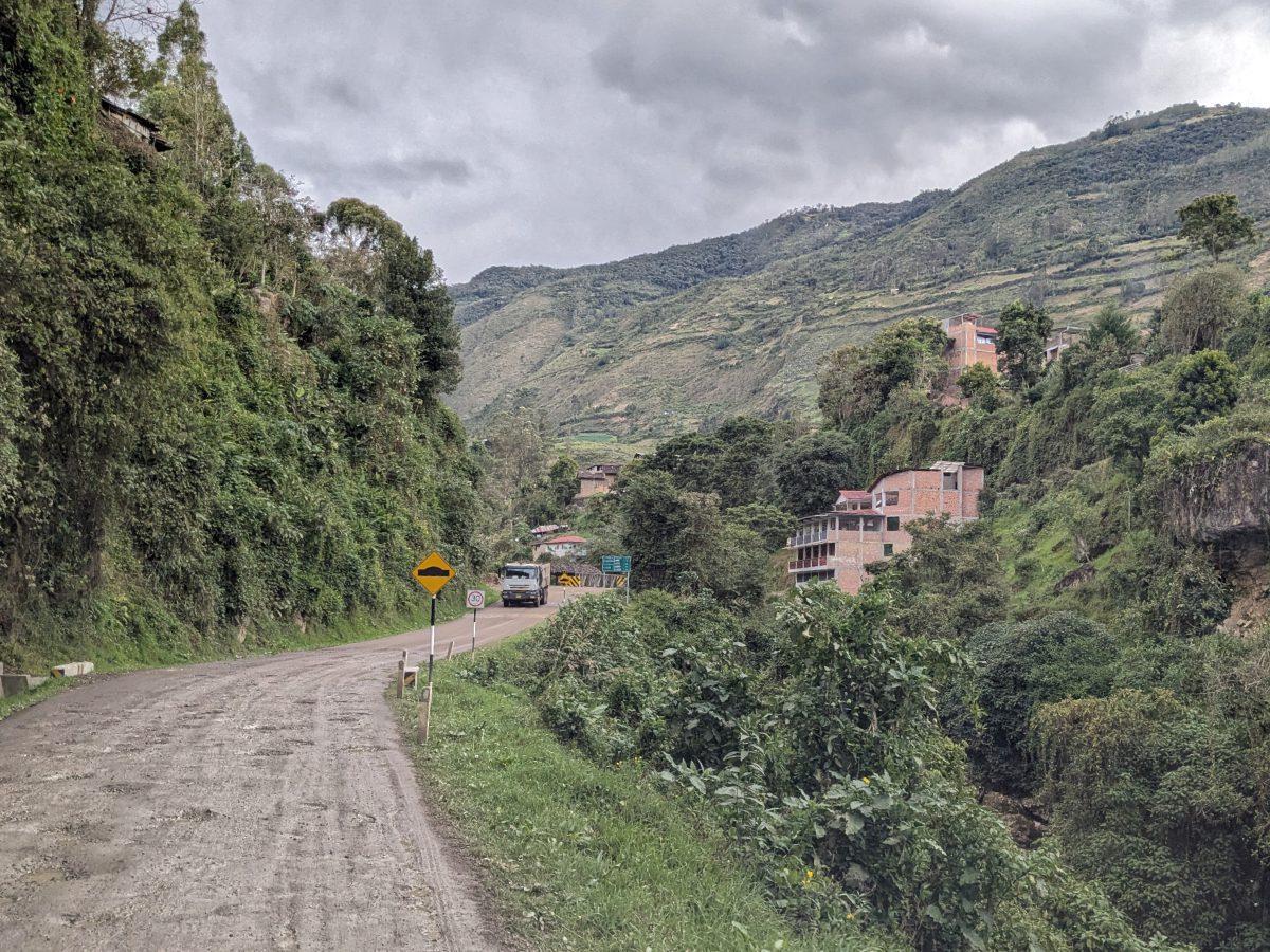 The highway into Leymebamba is a narrow dirt road cut in between mountainsides.