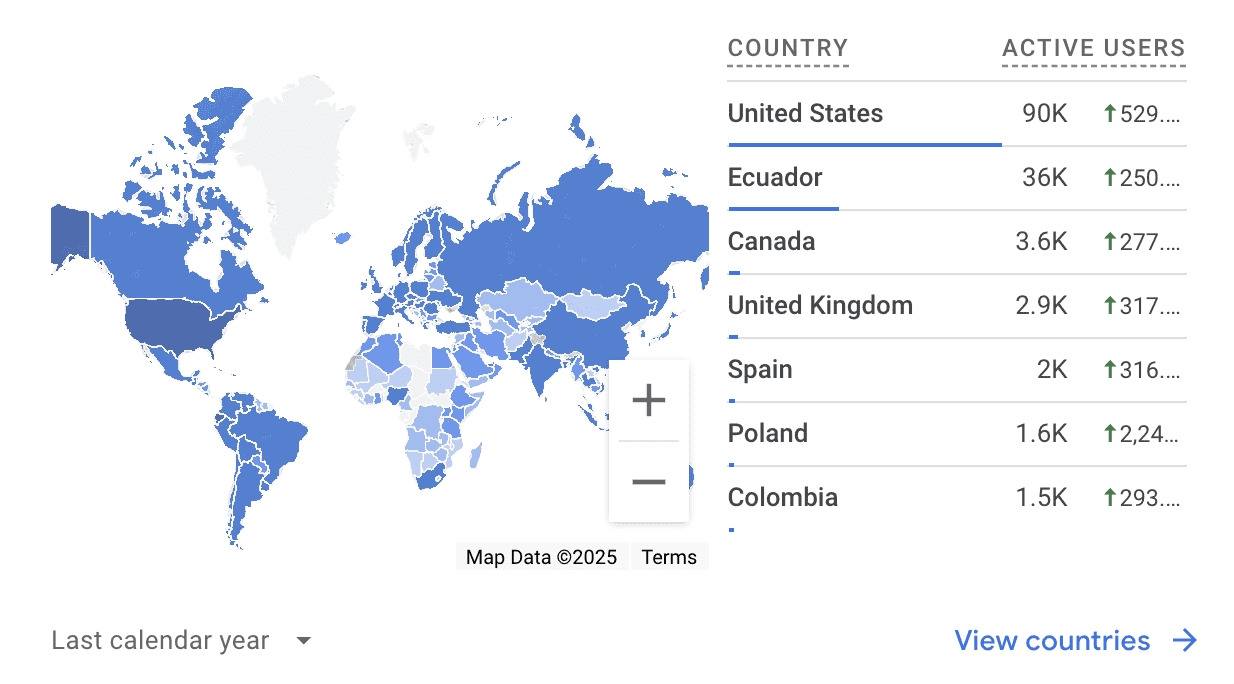 Screenshot of world map showing countries of origin for readers of Not Your Average American