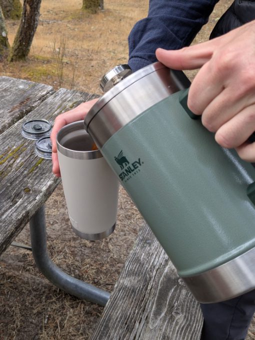 Stanley French Press makes a mean cup of coffee Pouring coffee from a Stanley French Press into a Yeti Travel Mug while at camp.