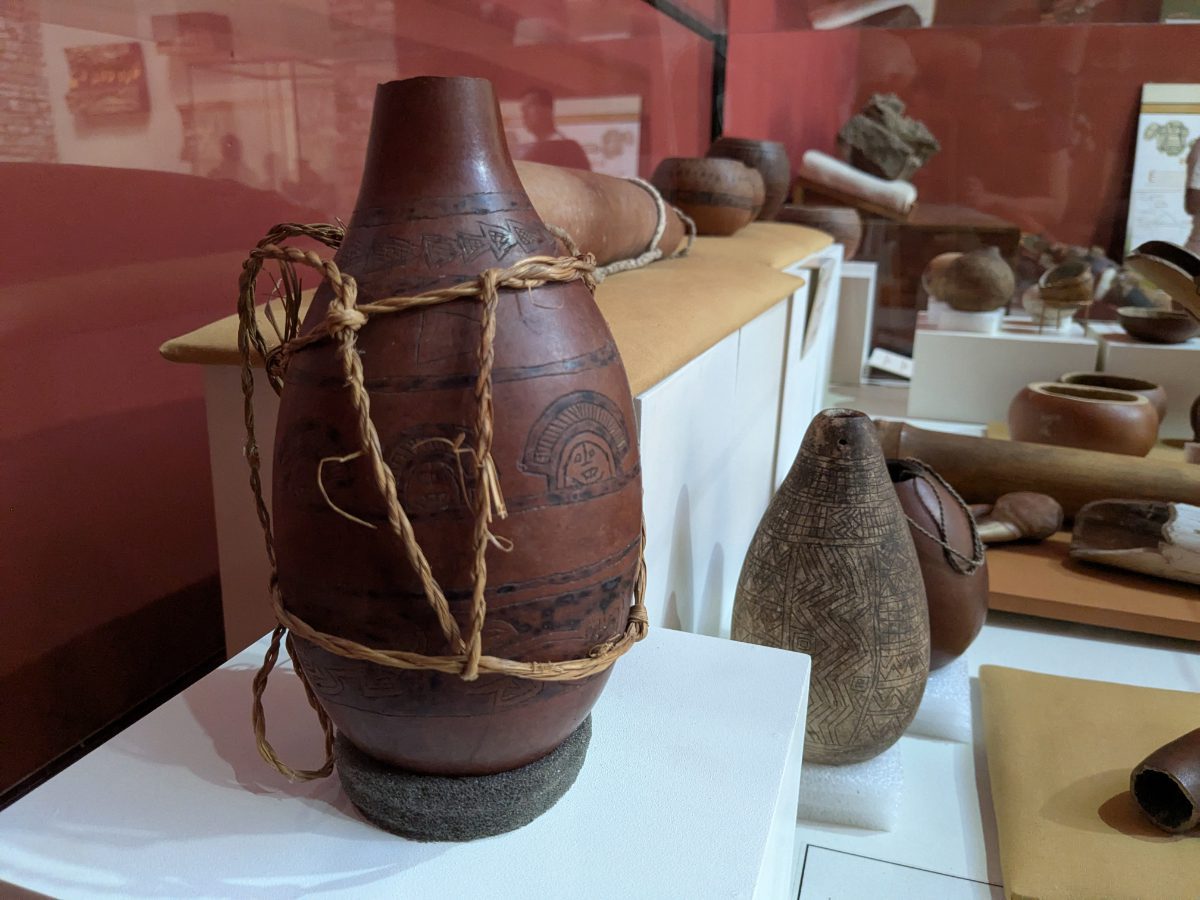A hand carved gourd is one of many artifacts displayed at the Leyembamba Museum