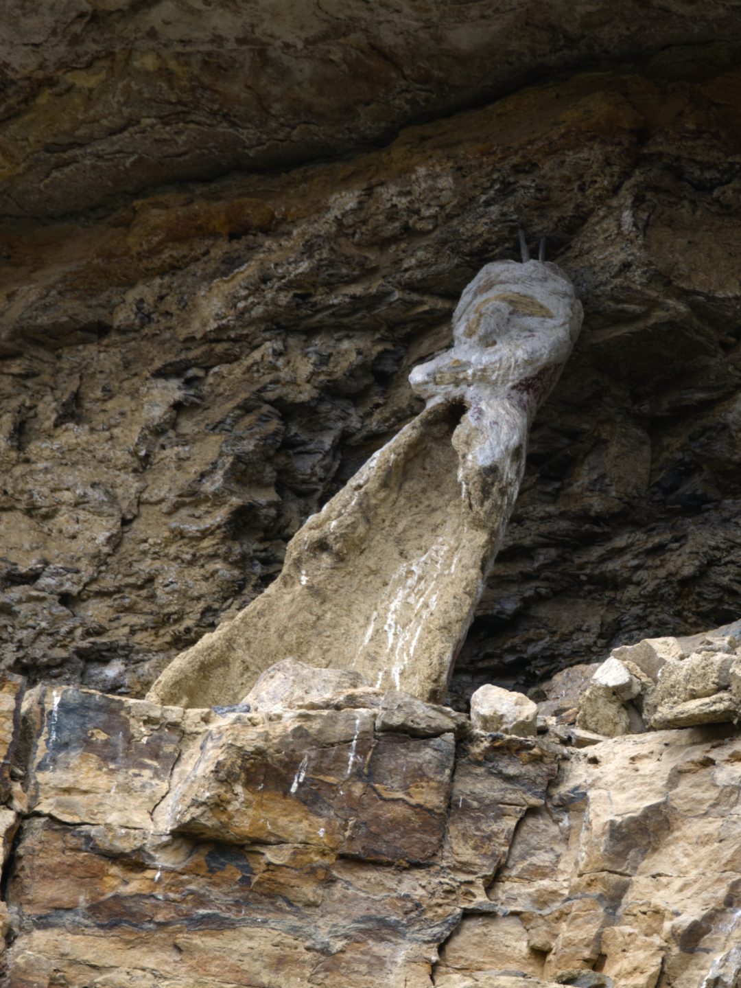 A heavily damaged sarcophagus lies on it's back, body and paint decayed, and covered in bird droppings.