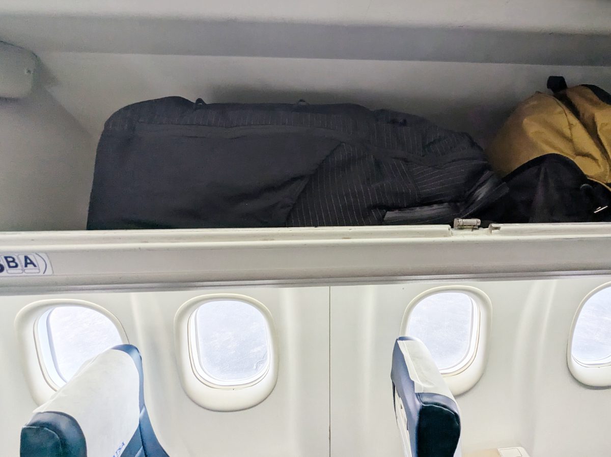 Aero Jet carry-on backpack in overhead of a regional jet - fits with room to spare!