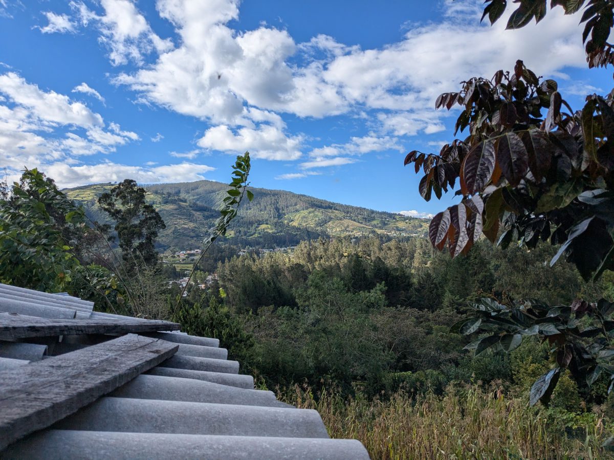 Mountain view of forest, farm fields, and small towns under a bright blue sky studded with clouds